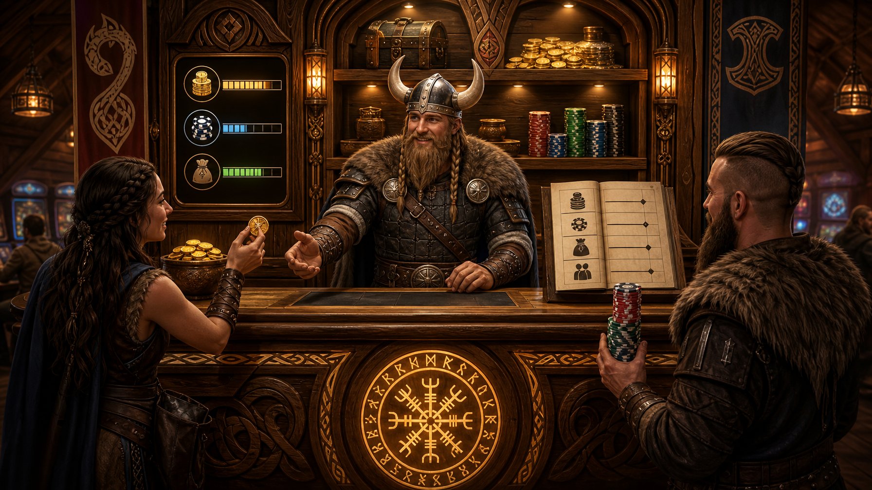 A VikingThemed Casino Cashier Scene Showing A Viking Cashier Behind A Wooden Counter Interacting With Customers Making Deposits And Withdrawals, Surrounded By Gold Coins, Treasure Chests, And Casino Chips.