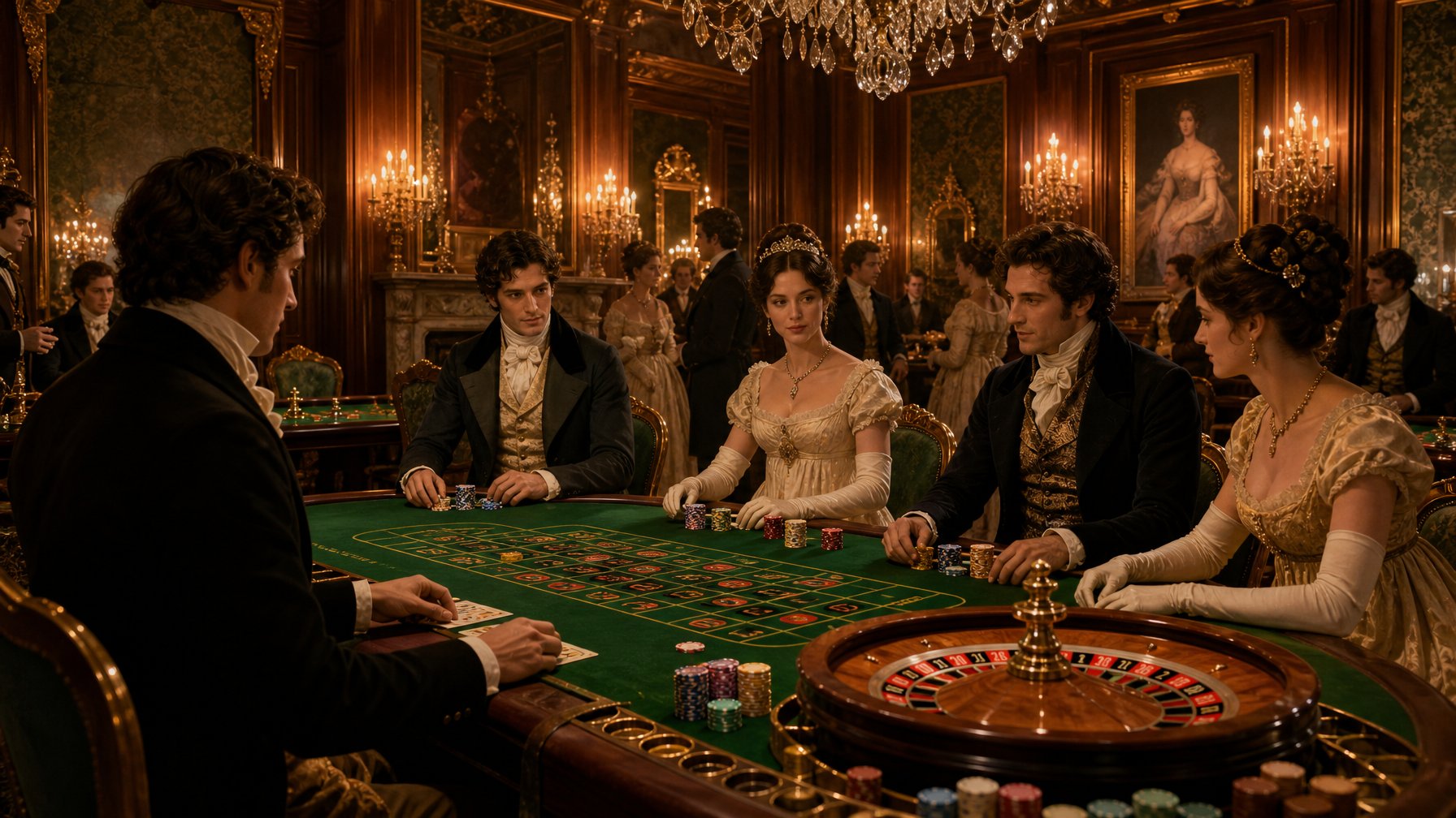 An Elegant Casino Scene With Players Around A Gaming Table, Roulette Wheels, And Stacks Of Chips In A Richly Decorated Room.
