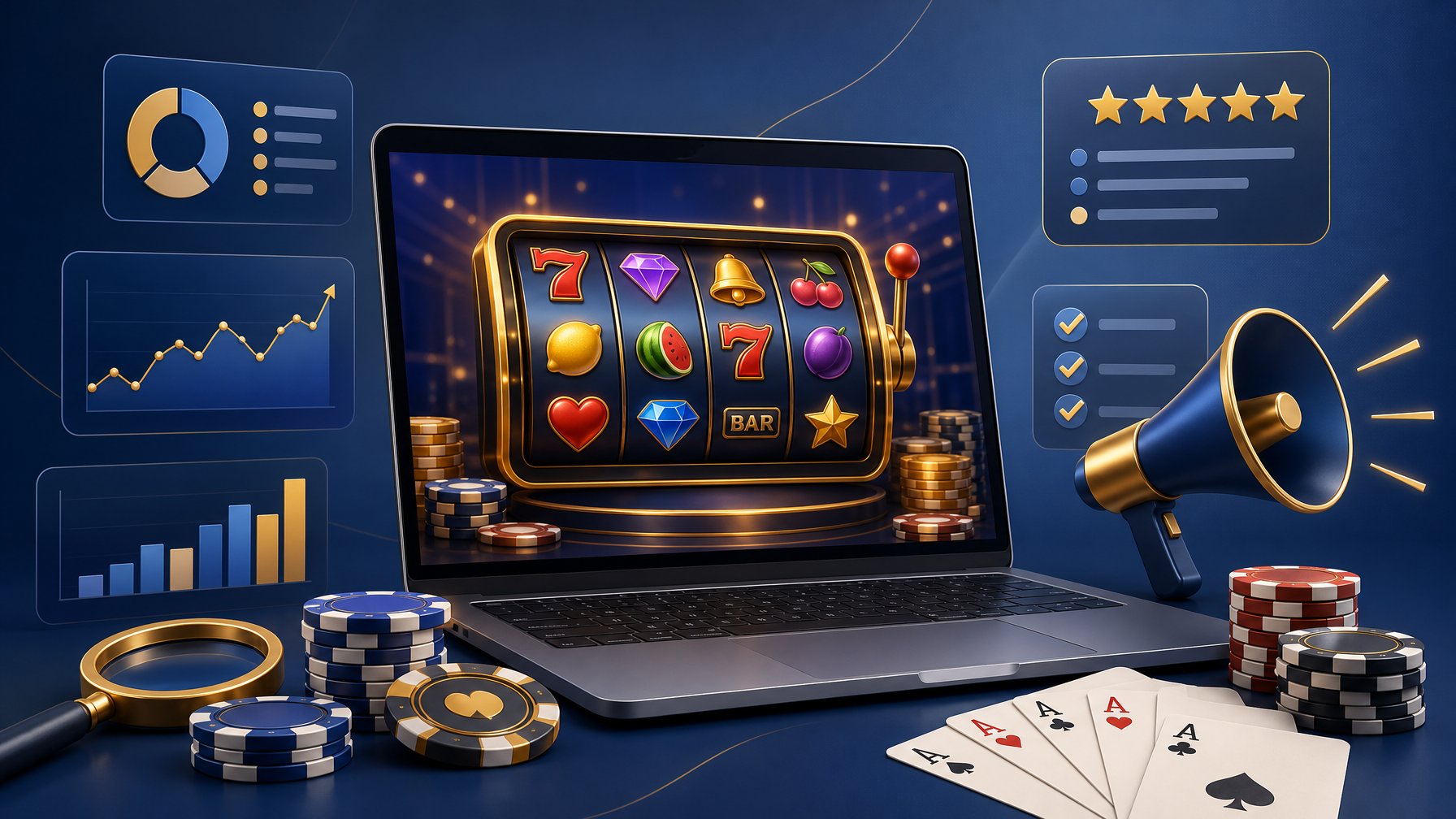 A Laptop Showing Colorful Slot Machine Reels With Poker Chips, Playing Cards, And Charts Around It, Representing An Online Casino Review.