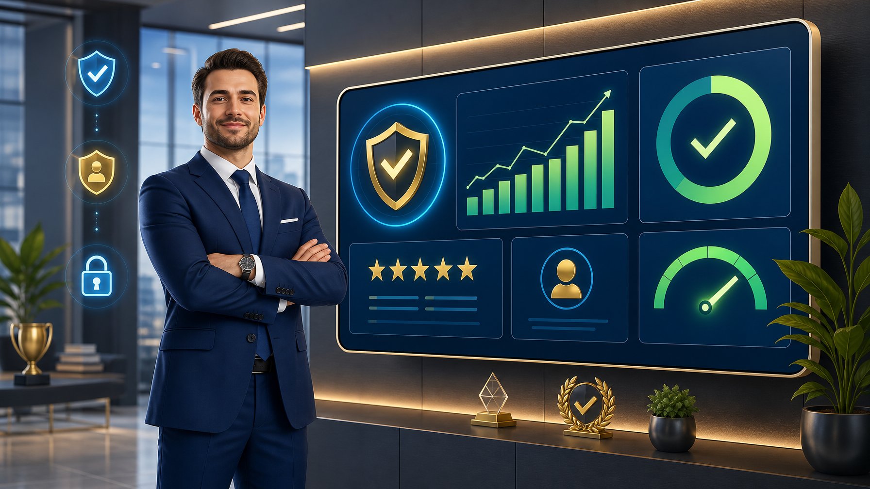 A Businessperson Stands Beside A Digital Scoreboard Showing Positive Ratings, Surrounded By Icons Representing Trust And Security In A Modern Office Setting.