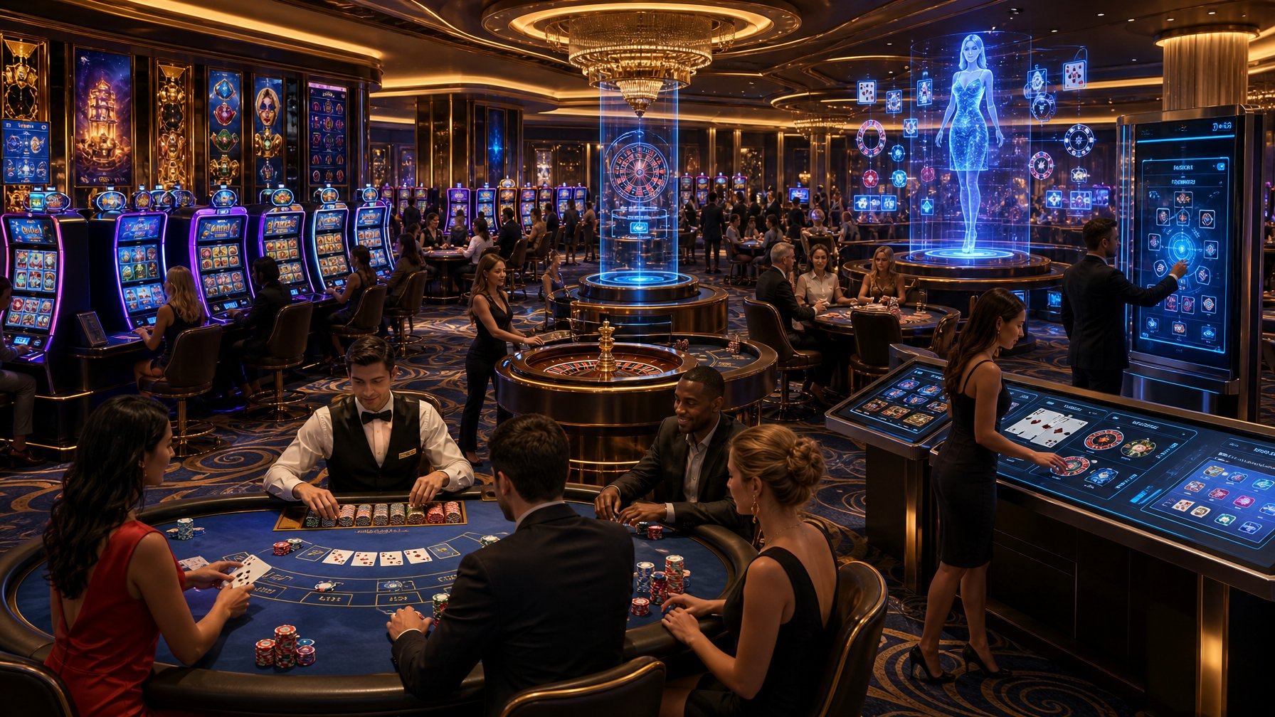 A Casino Floor With Various Gaming Tables, Slot Machines, And Digital Game Terminals, Showing Players And Dealers Engaged In Different Casino Games.