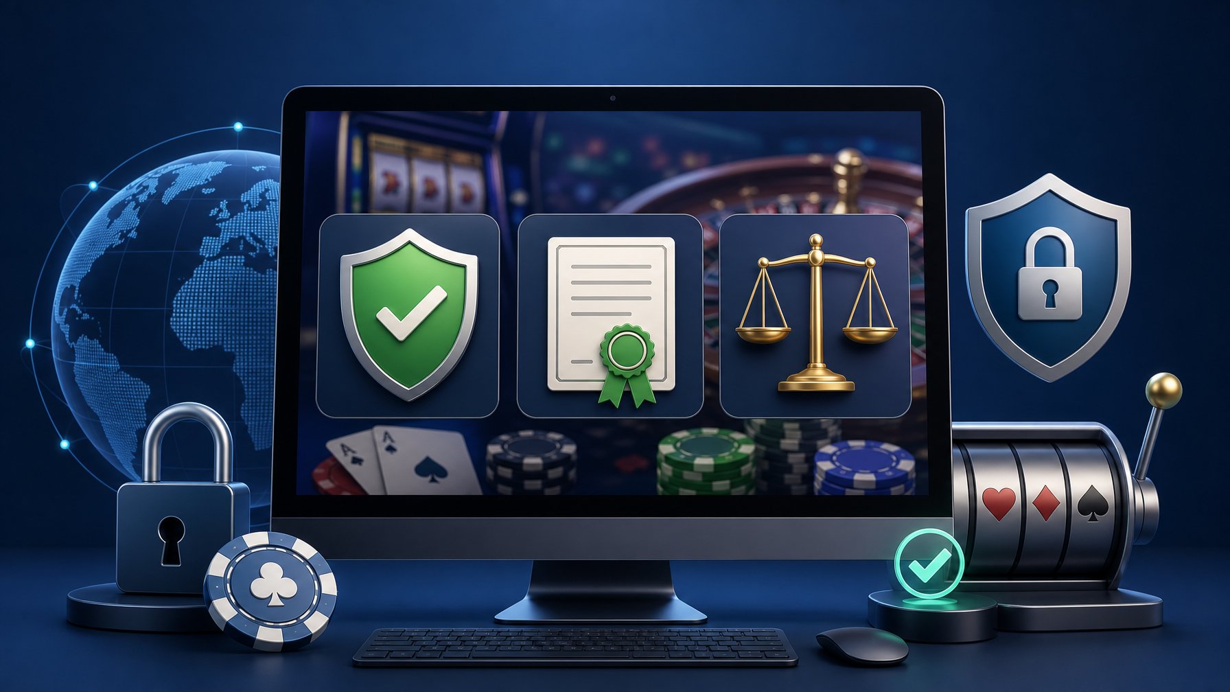 A Computer Screen Displaying A Digital Casino Interface Surrounded By Icons Representing Security, Licensing, And Fairness.
