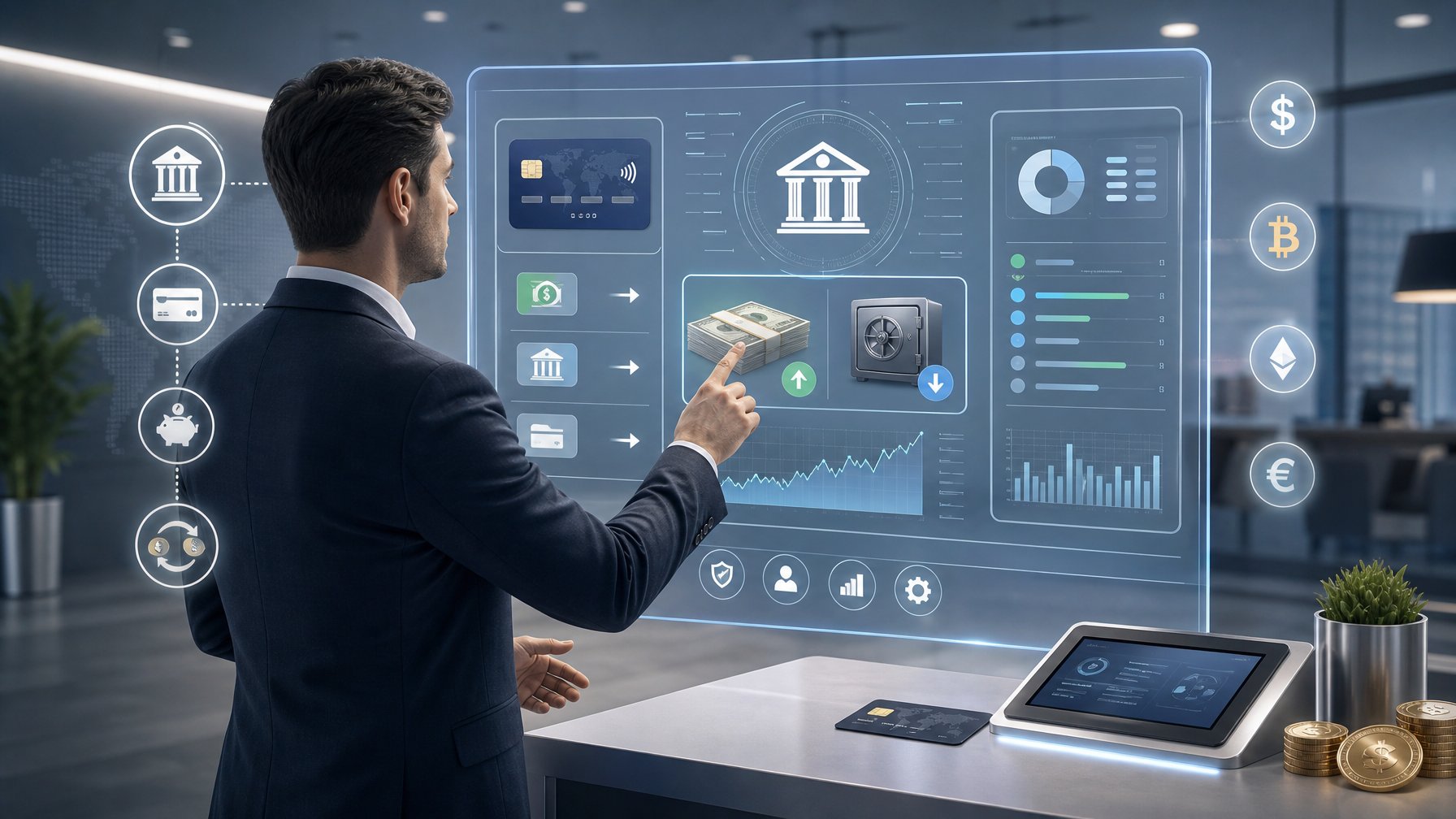A Person Interacting With A Digital Banking Interface Showing Financial Data And Transactions In A Modern Office Setting.