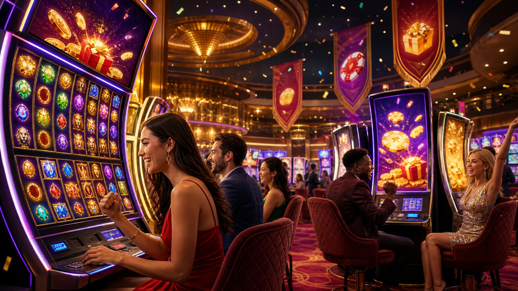 A Lively Casino Scene Showing Players Enjoying Slot Machines With Colorful Lights And Decorations Symbolizing Promotions And Welcome Offers.