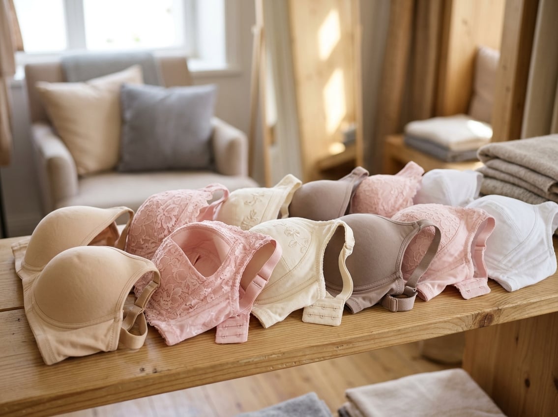 A close-up view of several pocketed mastectomy bras arranged on a wooden surface with a cozy room background.