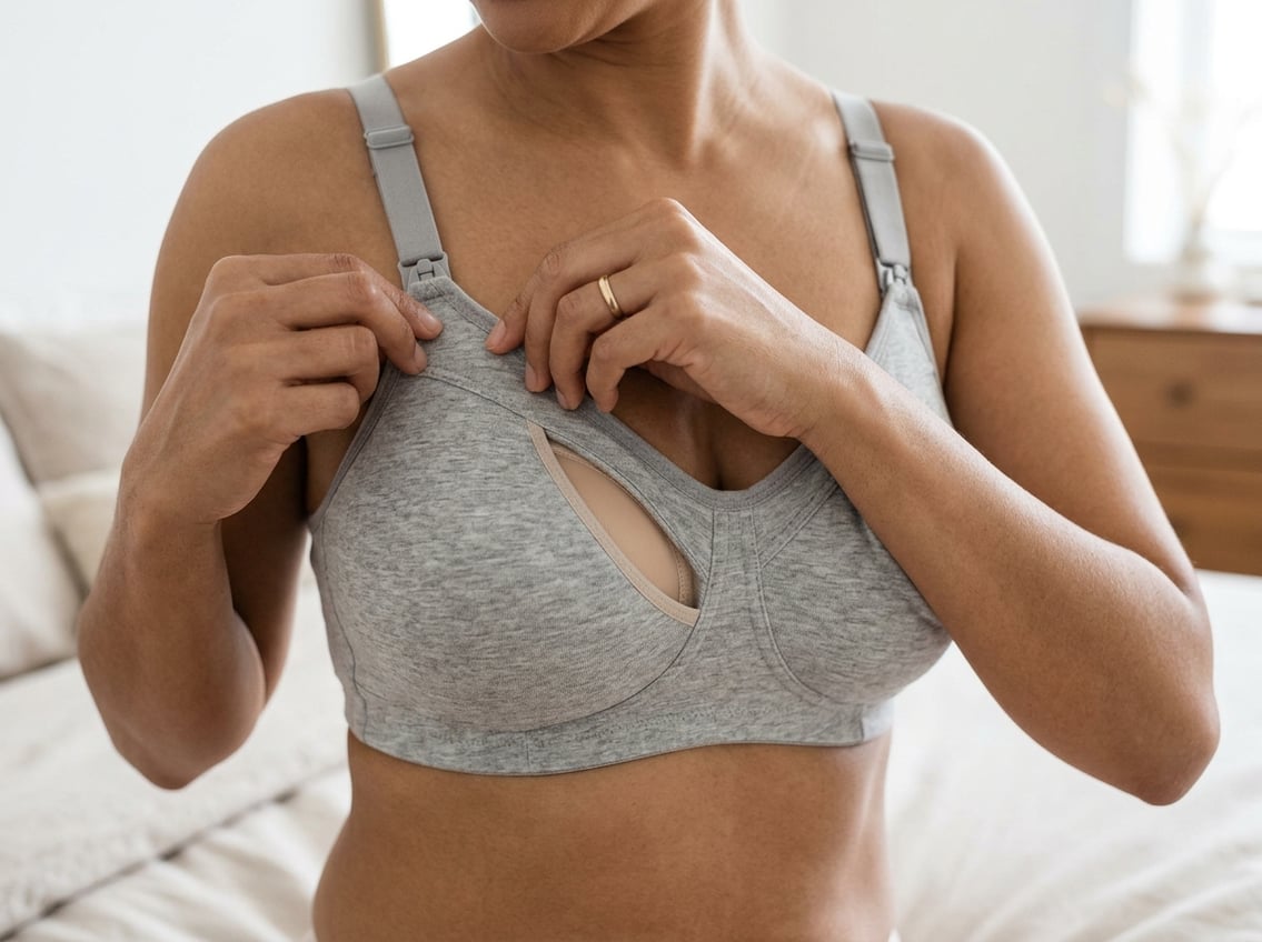 Close-up of a woman adjusting a pocketed mastectomy bra, showing the front with inner pockets designed for breast prosthetics.