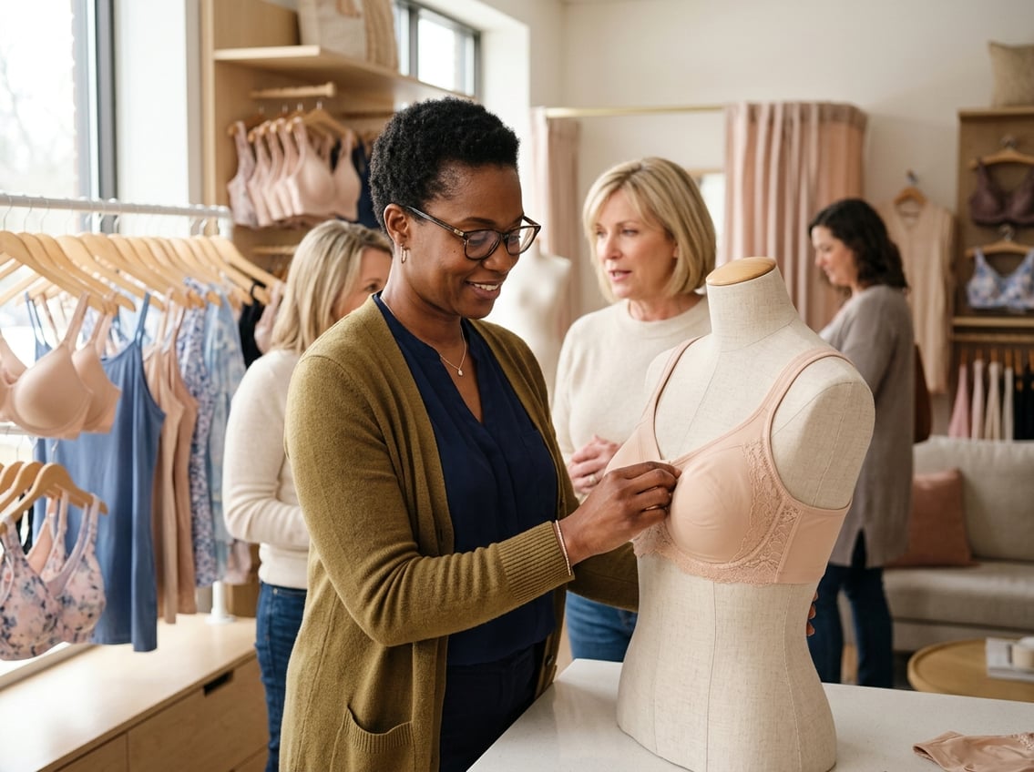 A woman examining a pocketed mastectomy bra on a mannequin in a lingerie boutique.