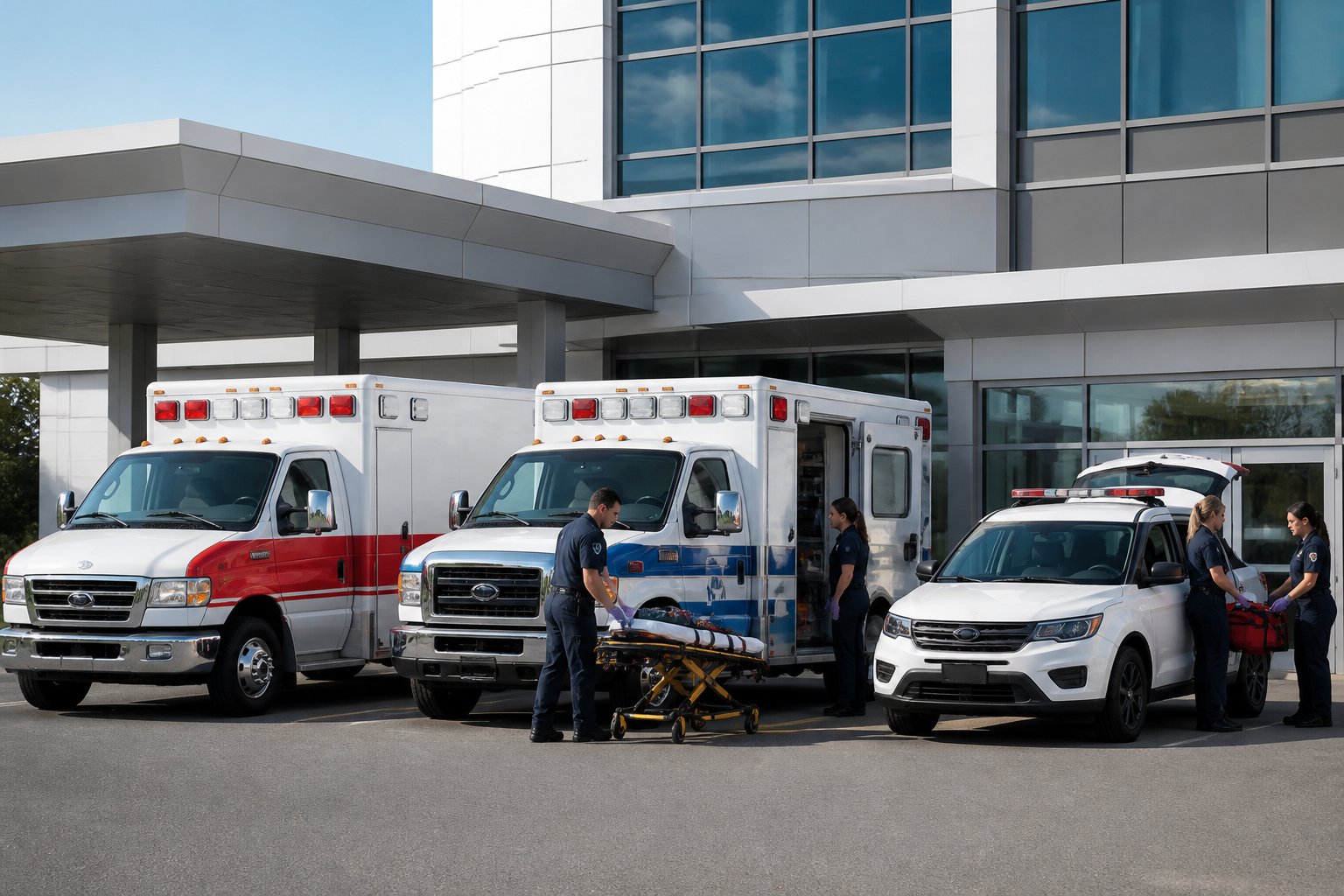 Várias ambulâncias de diferentes tipos estacionadas em frente a um hospital moderno, com profissionais de saúde ao redor, preparando equipamentos.