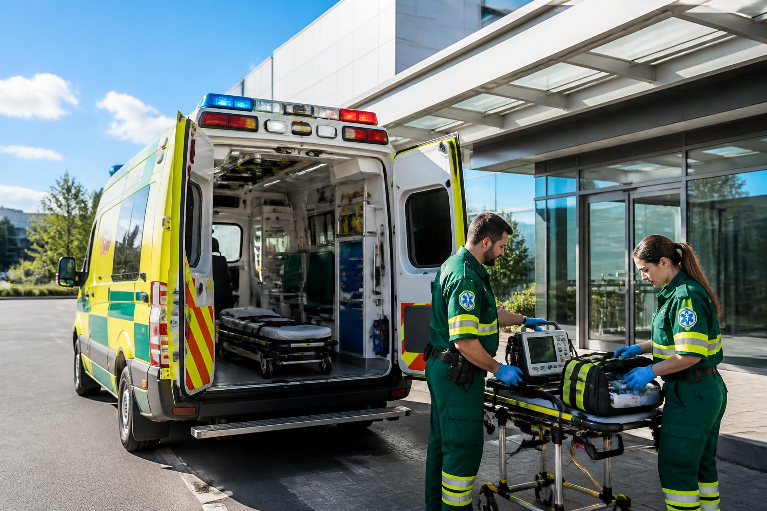 Uma ambulância moderna estacionada em frente à entrada de emergência de um hospital com paramédicos preparando equipamentos médicos ao redor.