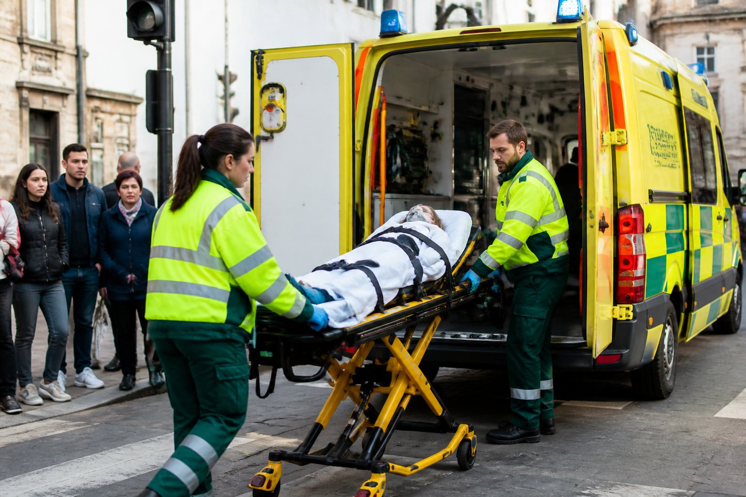 Uma ambulância do SAMU estacionada na rua enquanto paramédicos atendem um paciente em uma maca.