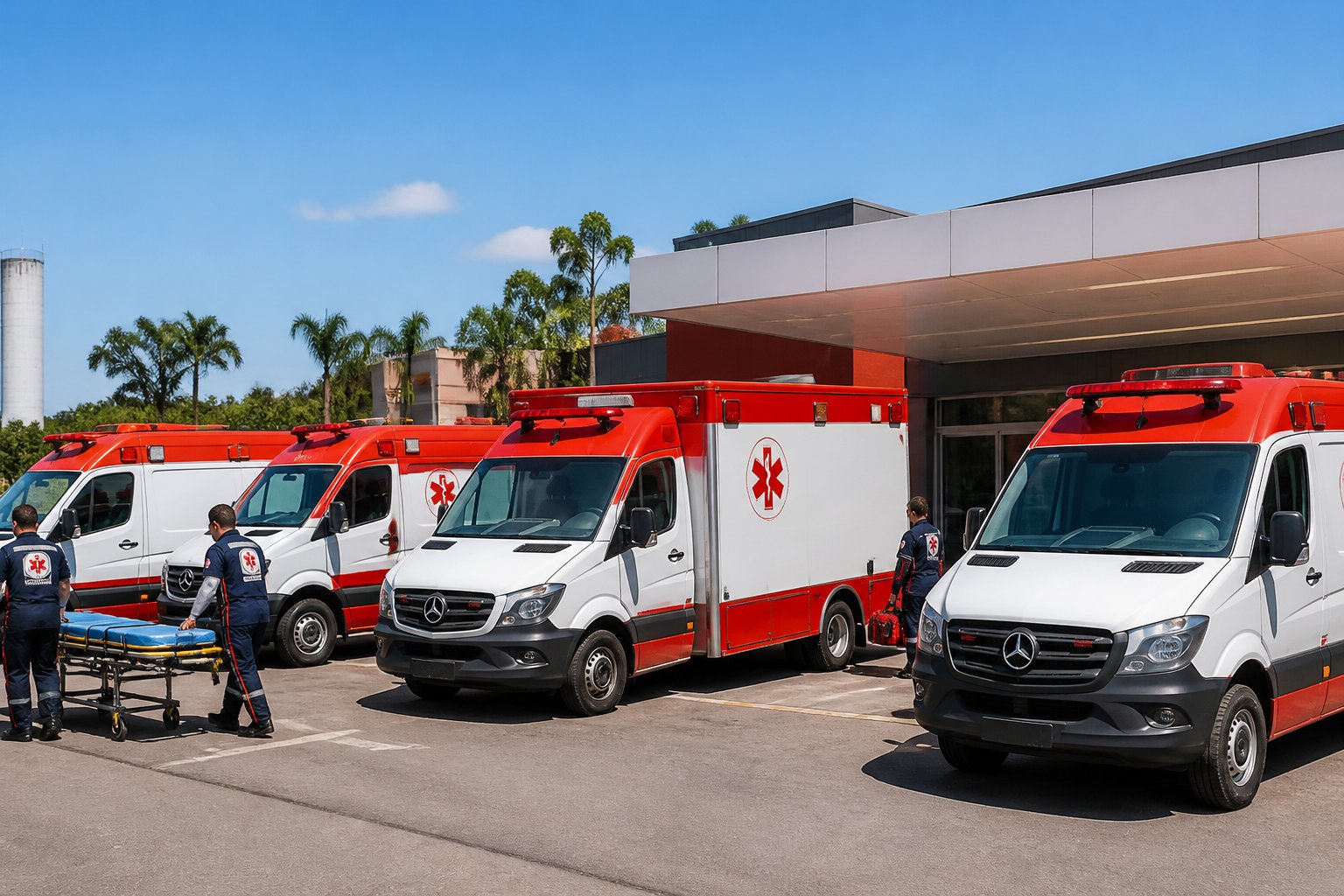 Vários tipos de ambulâncias do SAMU estacionadas em frente a um hospital, com profissionais de saúde próximos, prontos para atendimento de emergência.