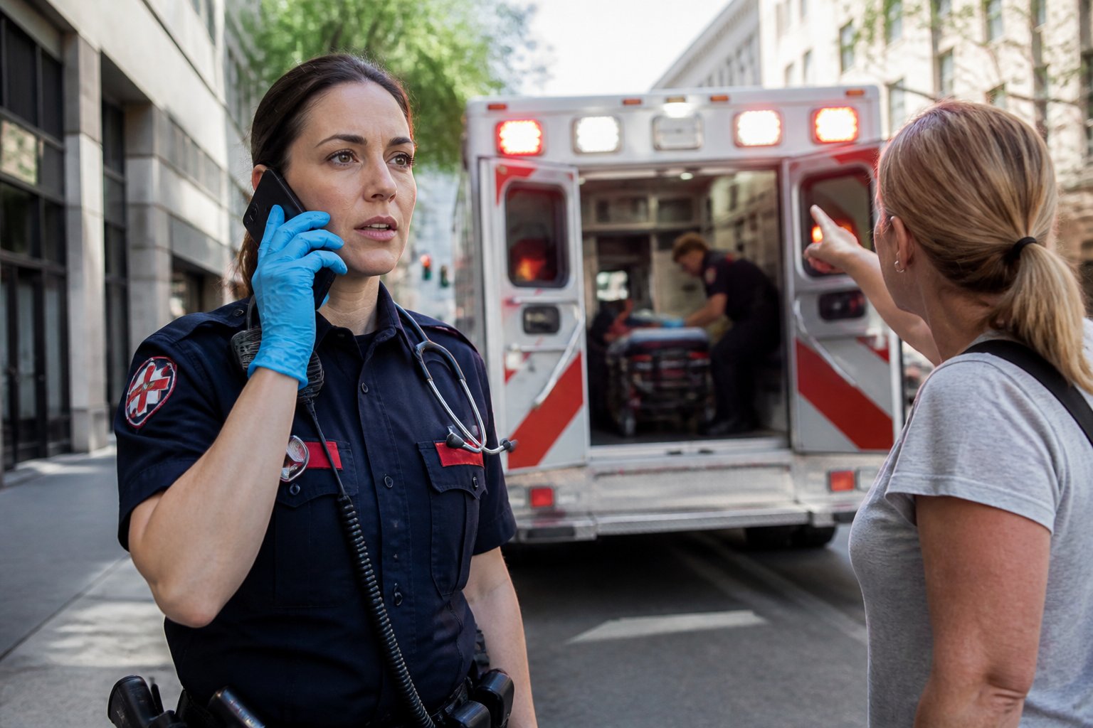 Paramédico falando ao telefone próximo a uma ambulância com luzes de emergência acesas em uma rua da cidade.