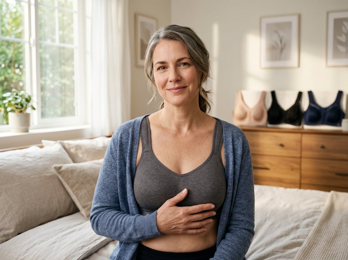 A woman wearing a comfortable double mastectomy bra sits in a bright bedroom, gently touching the bra while looking content and confident.