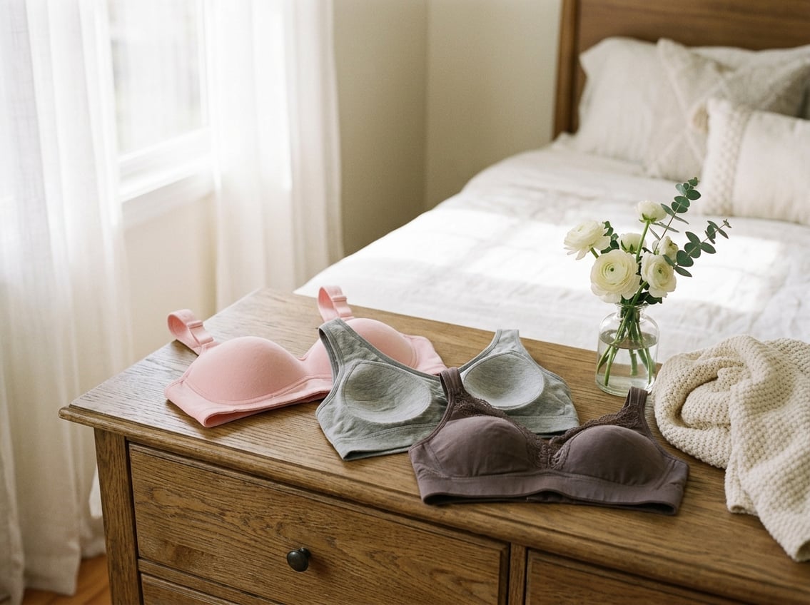 A softly lit bedroom scene showing double mastectomy bras displayed on a wooden dresser with cozy and supportive items nearby.