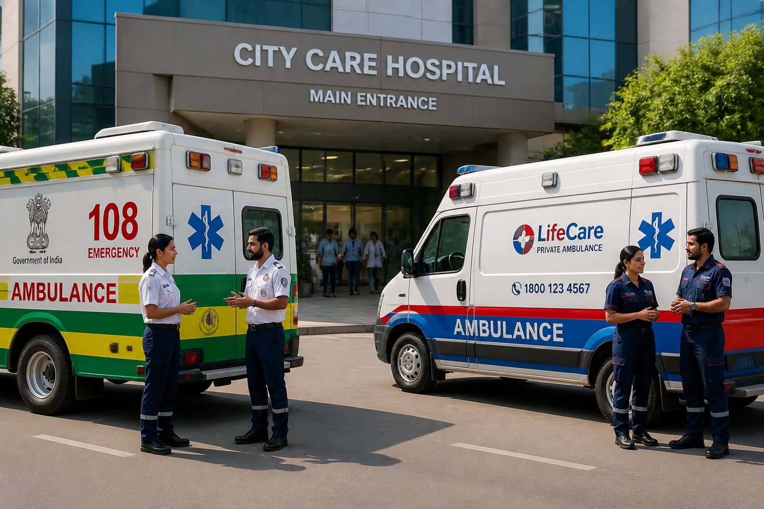 Duas ambulâncias, uma pública e outra particular, estacionadas lado a lado com paramédicos próximos, mostrando diferenças visuais entre elas.