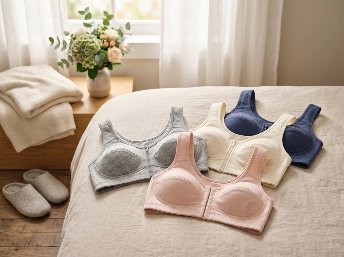 A close-up of double mastectomy bras arranged on a soft surface with warm natural light and comforting items nearby.