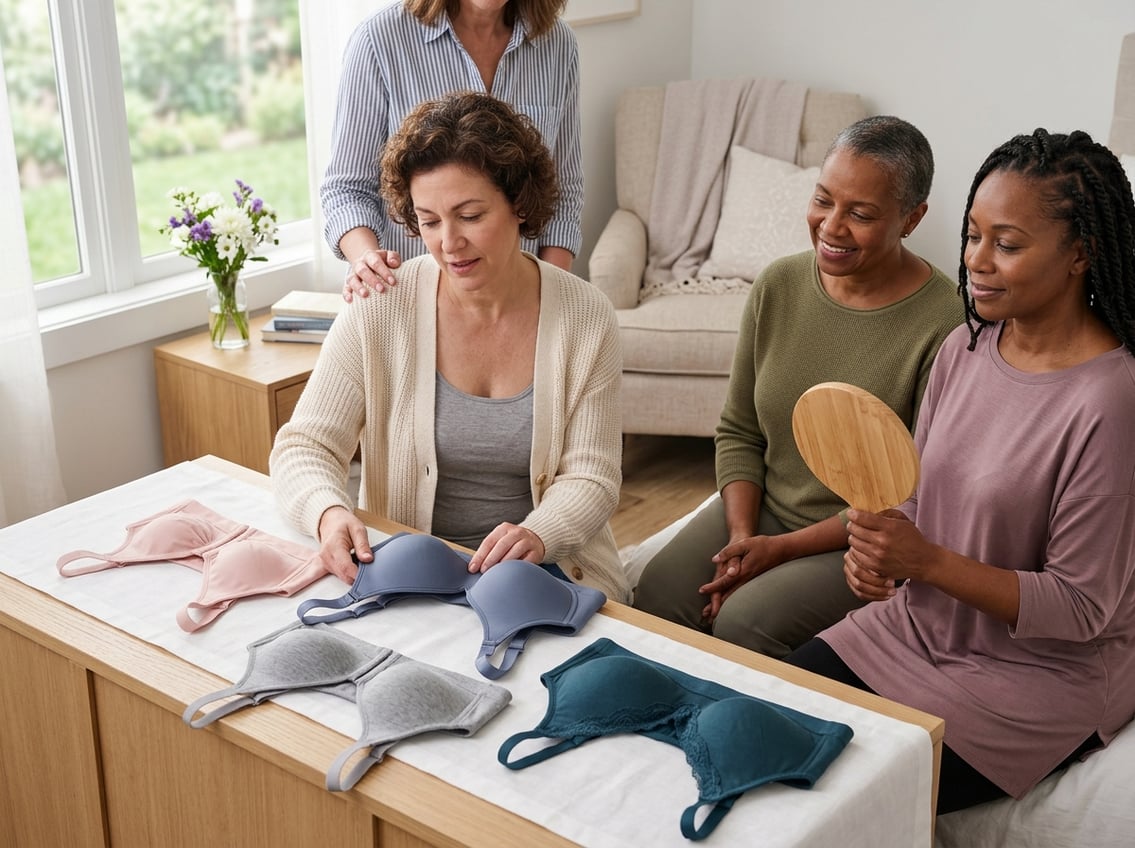 Women in a bright room looking at and holding double mastectomy bras, showing comfort and confidence after surgery.