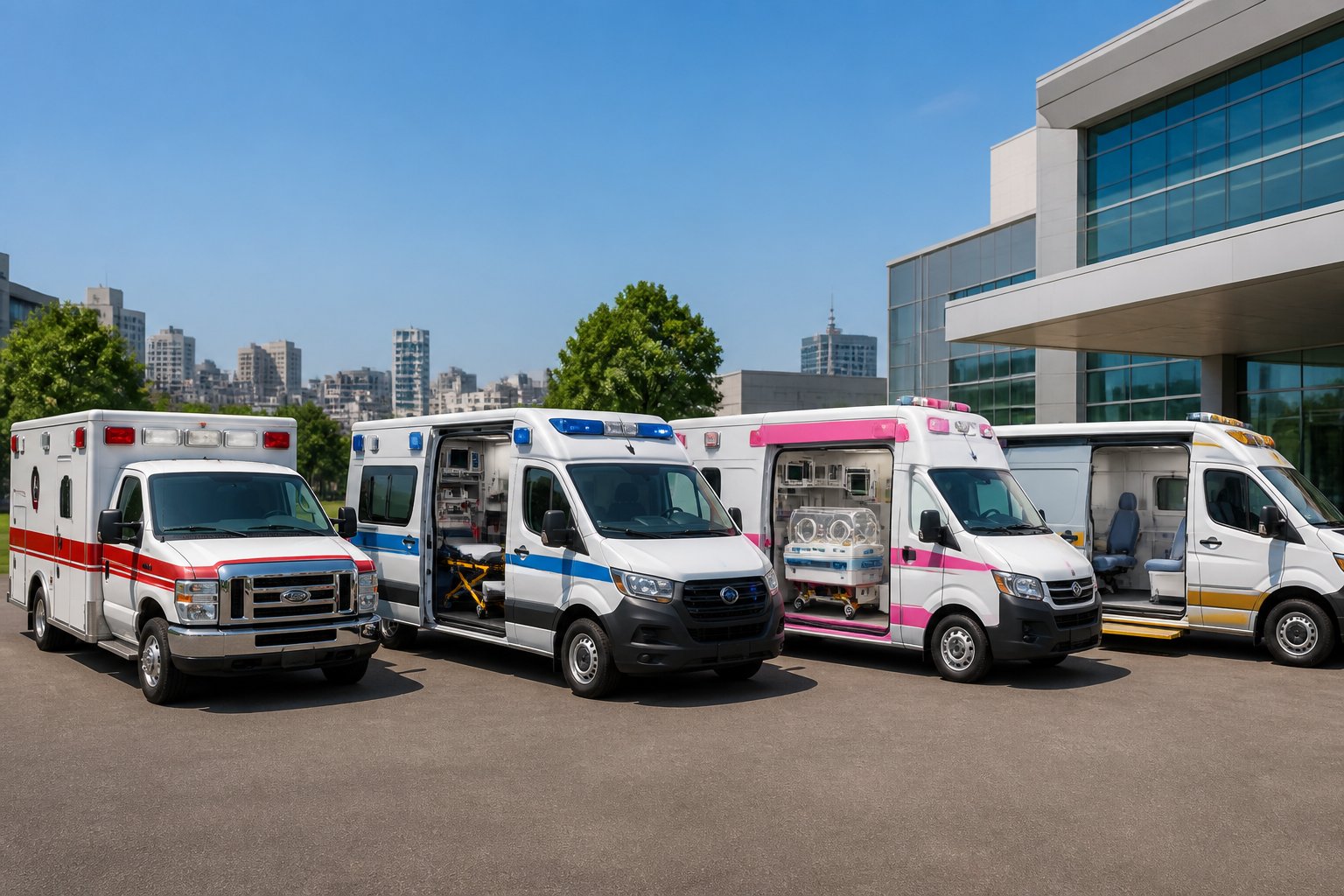 Vários tipos de ambulâncias alinhadas ao ar livre, incluindo ambulâncias de emergência, suporte avançado, neonatal e transporte de pacientes.