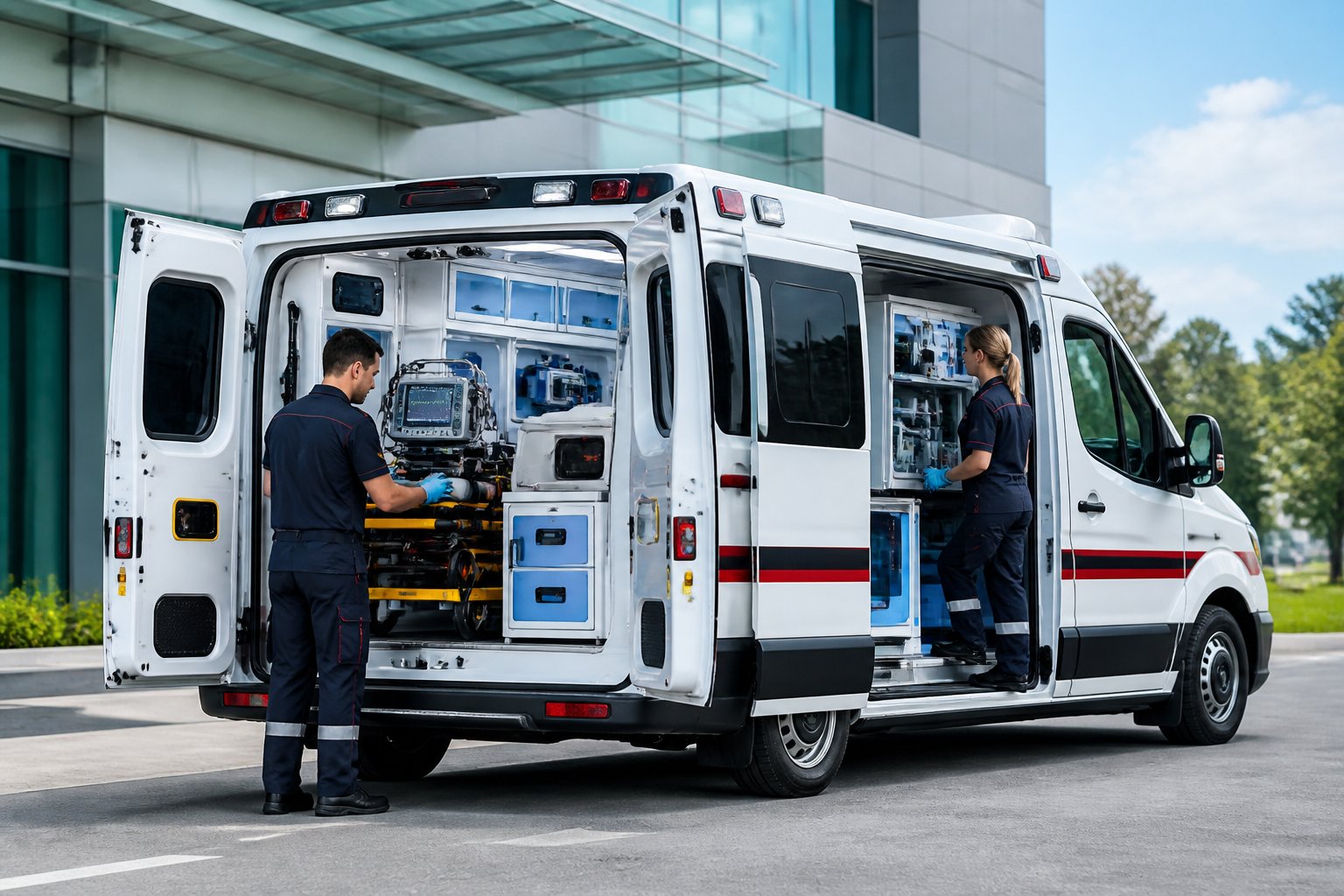 Ambulância moderna estacionada em frente a um hospital, com paramédicos verificando equipamentos médicos essenciais.