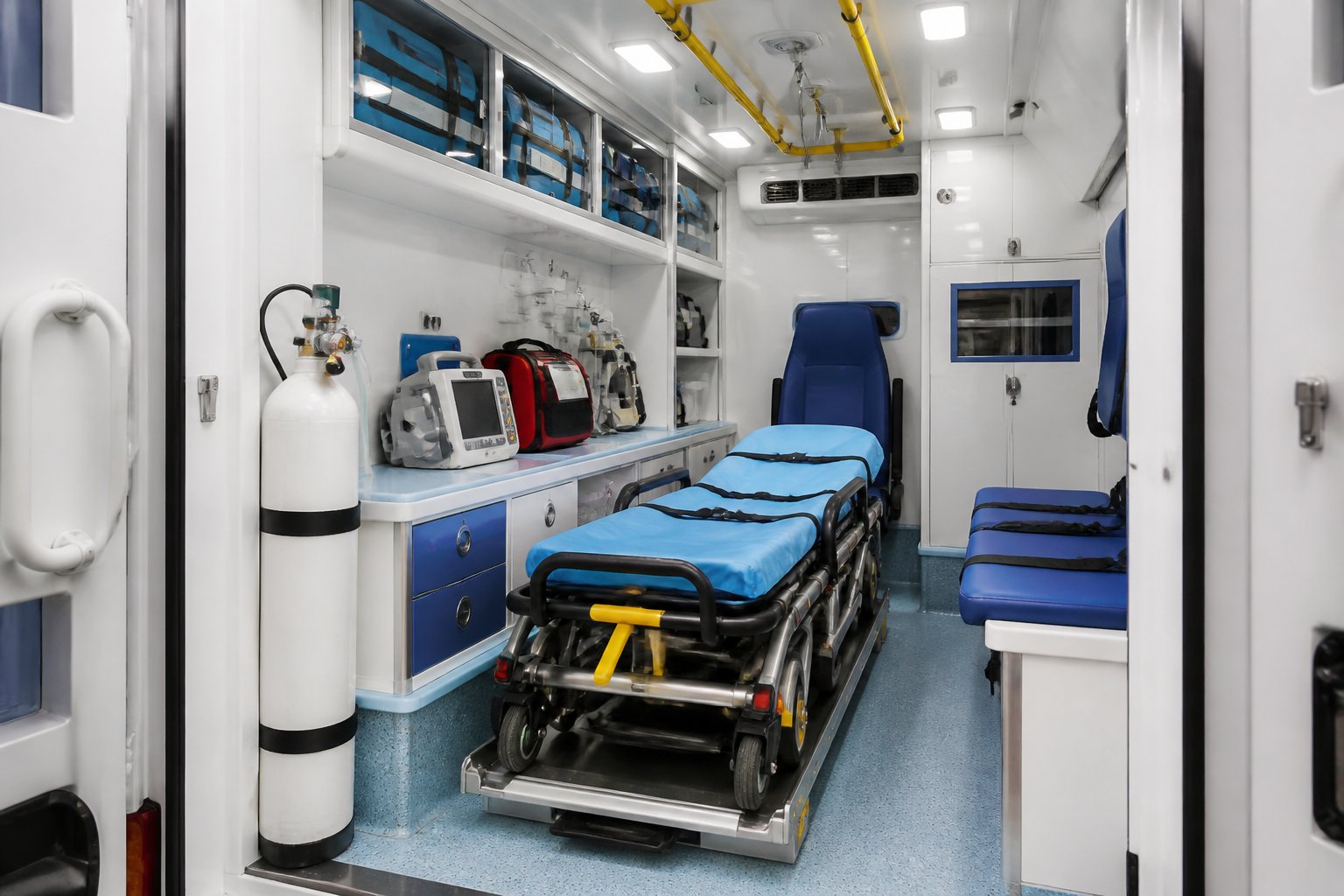 Interior de uma ambulância mostrando equipamentos médicos organizados e uma maca.