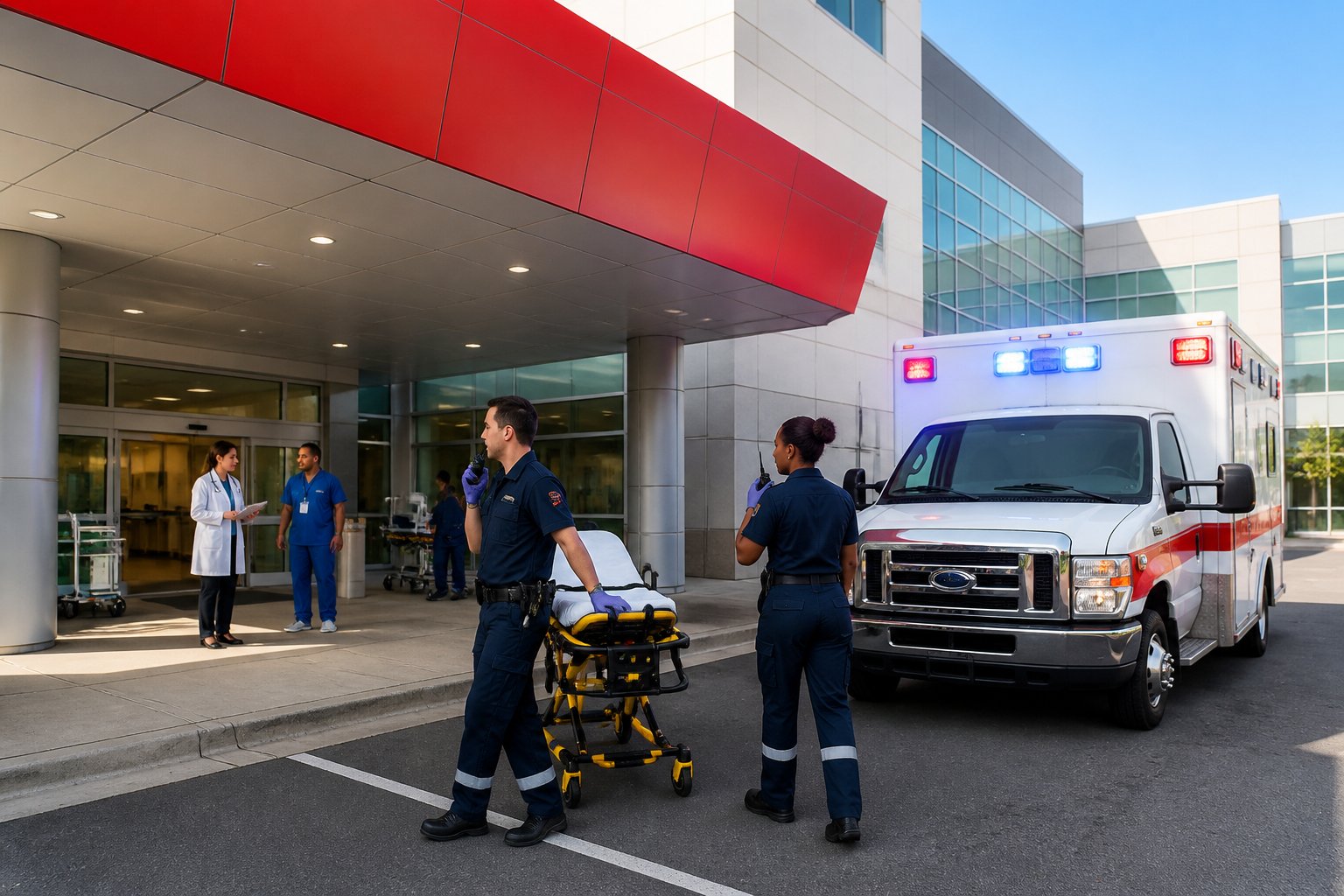 Uma ambulância chegando à entrada do hospital com paramédicos se comunicando com a equipe hospitalar.