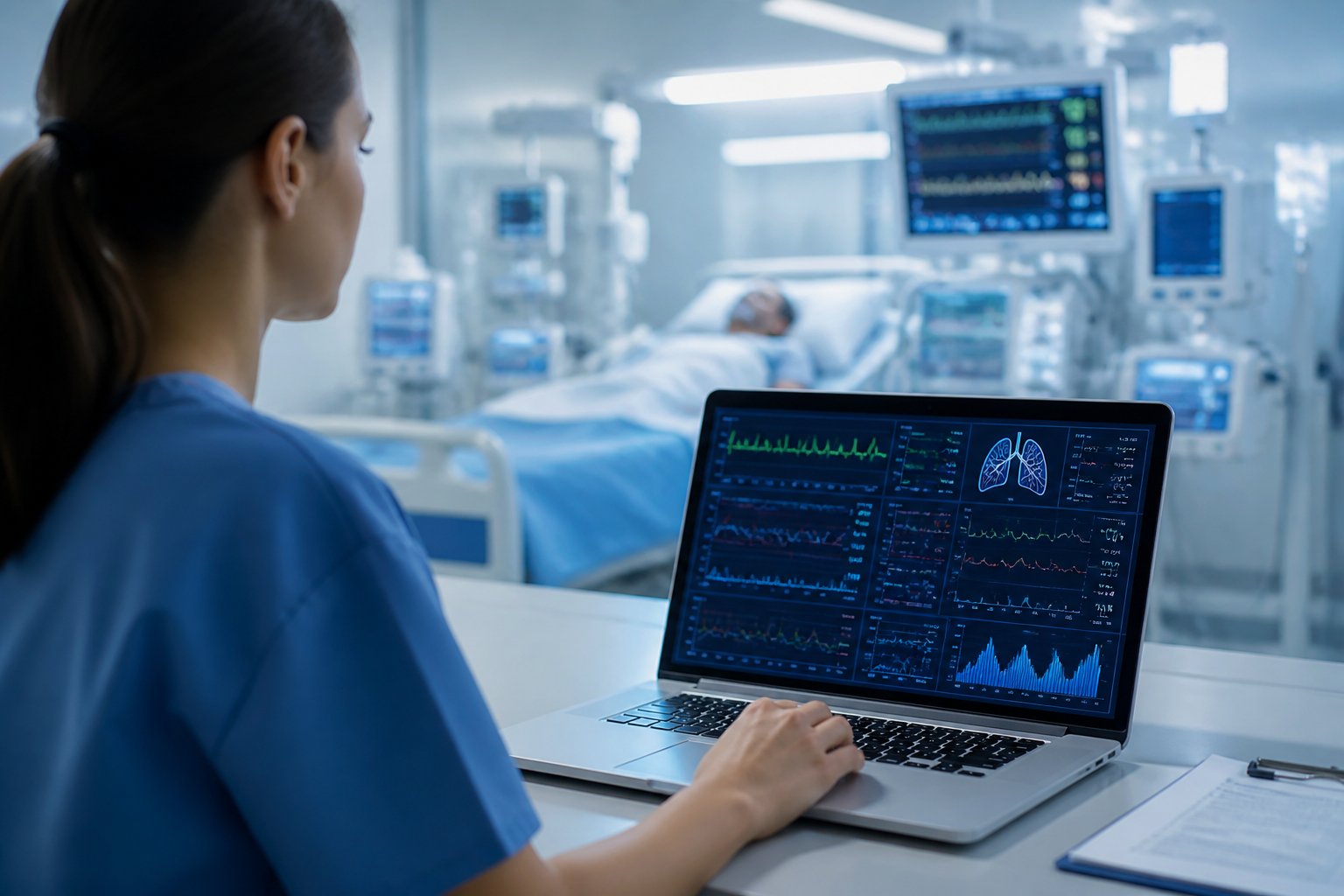 Profissional de saúde em ambiente hospitalar usando computador para monitorar sinais vitais de pacientes em UTI.