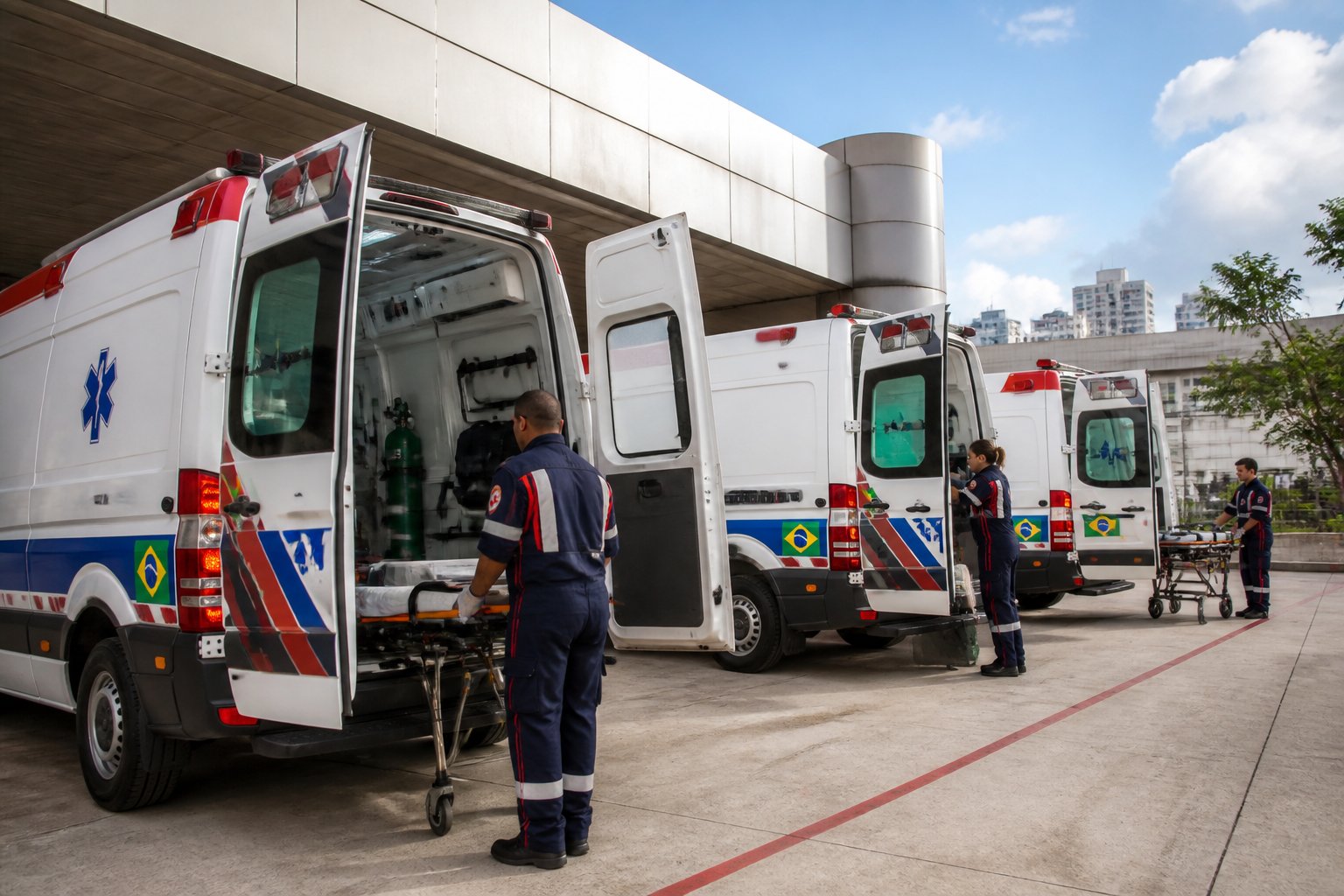 Frota de ambulâncias públicas brasileiras alinhadas em frente a um hospital com paramédicos preparando equipamentos.