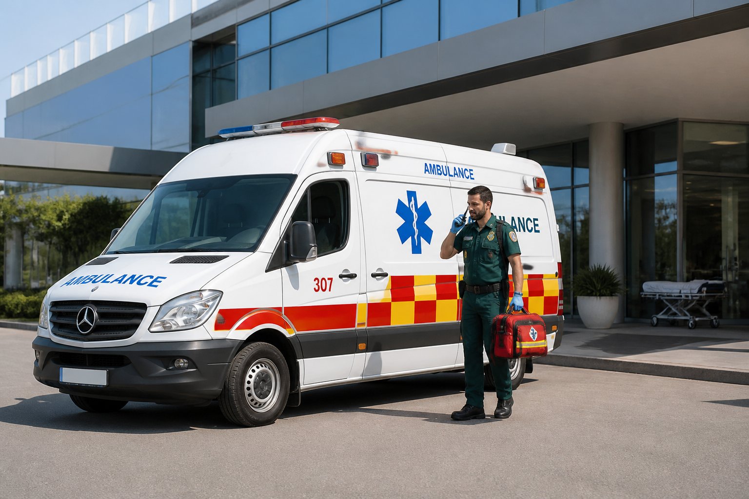 Ambulância particular estacionada na entrada de um hospital com um paramédico ao lado, em um dia claro.