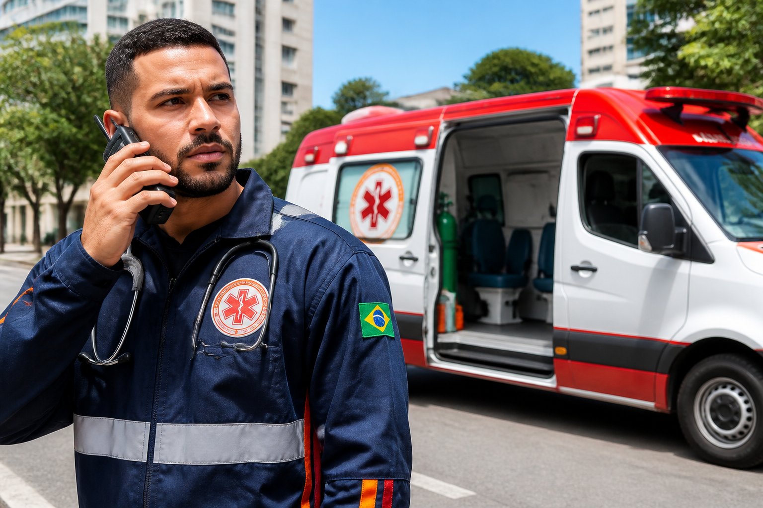 Ambulância brasileira estacionada na rua com um paramédico em uniforme falando ao rádio, em uma cena urbana durante o dia.