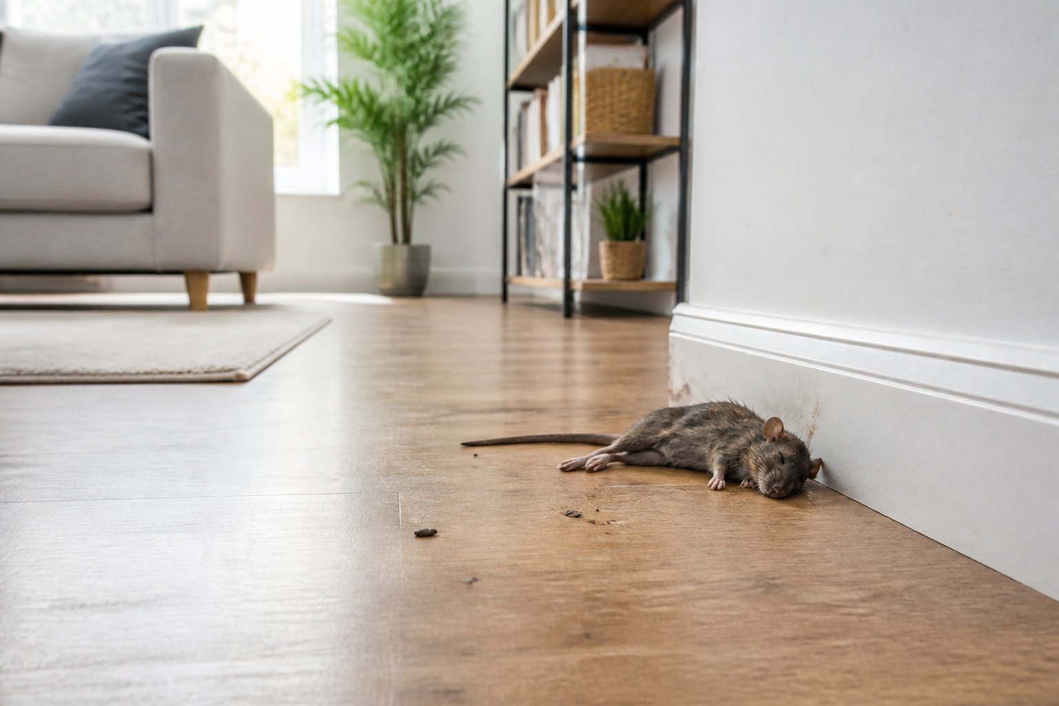 A small dead rat lying on a wooden floor near a baseboard inside a clean, modern living room.