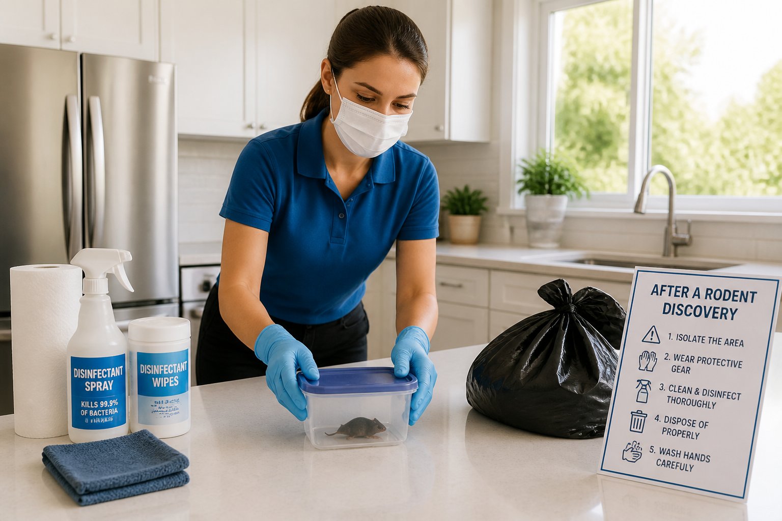 Person wearing gloves placing a sealed container on a kitchen countertop with cleaning supplies nearby.