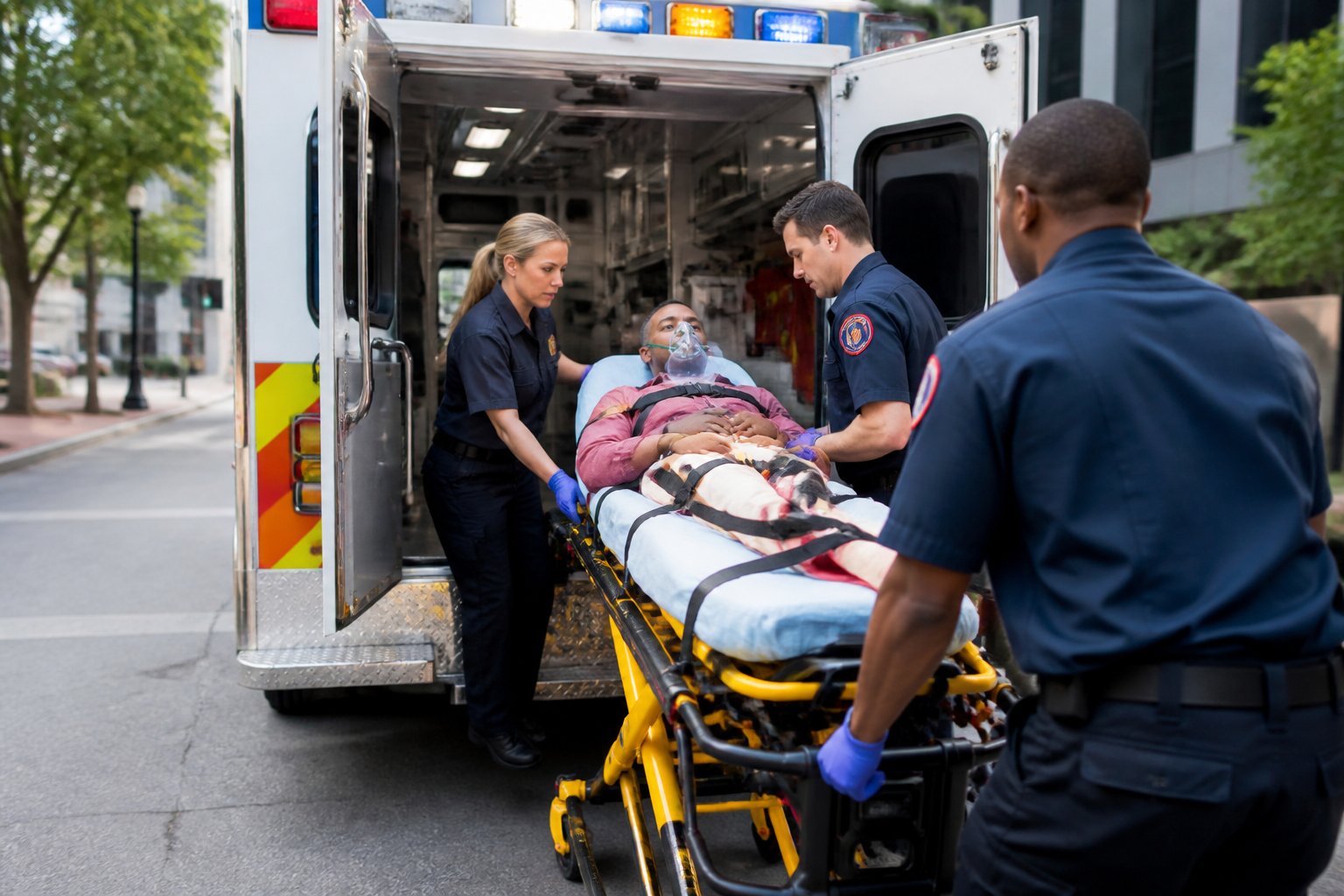 Equipe de paramédicos atendendo uma pessoa em uma maca ao lado de uma ambulância com as portas abertas em uma rua da cidade durante o dia.