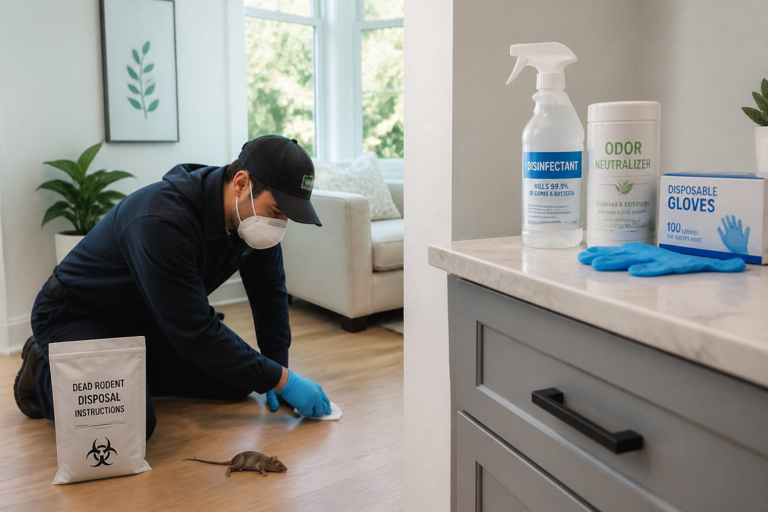 Person wearing gloves and mask cleaning a floor near a baseboard with cleaning supplies visible nearby in a bright, clean home interior.