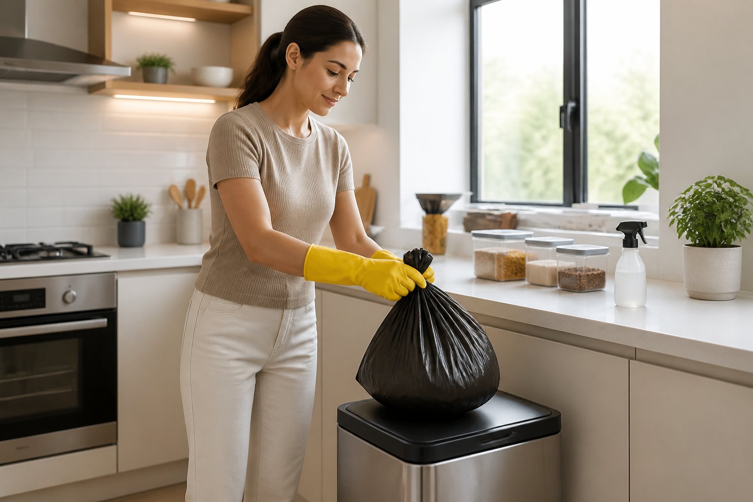 A person wearing gloves disposing of waste in a clean kitchen with sealed food containers and a pest control spray bottle on the counter.