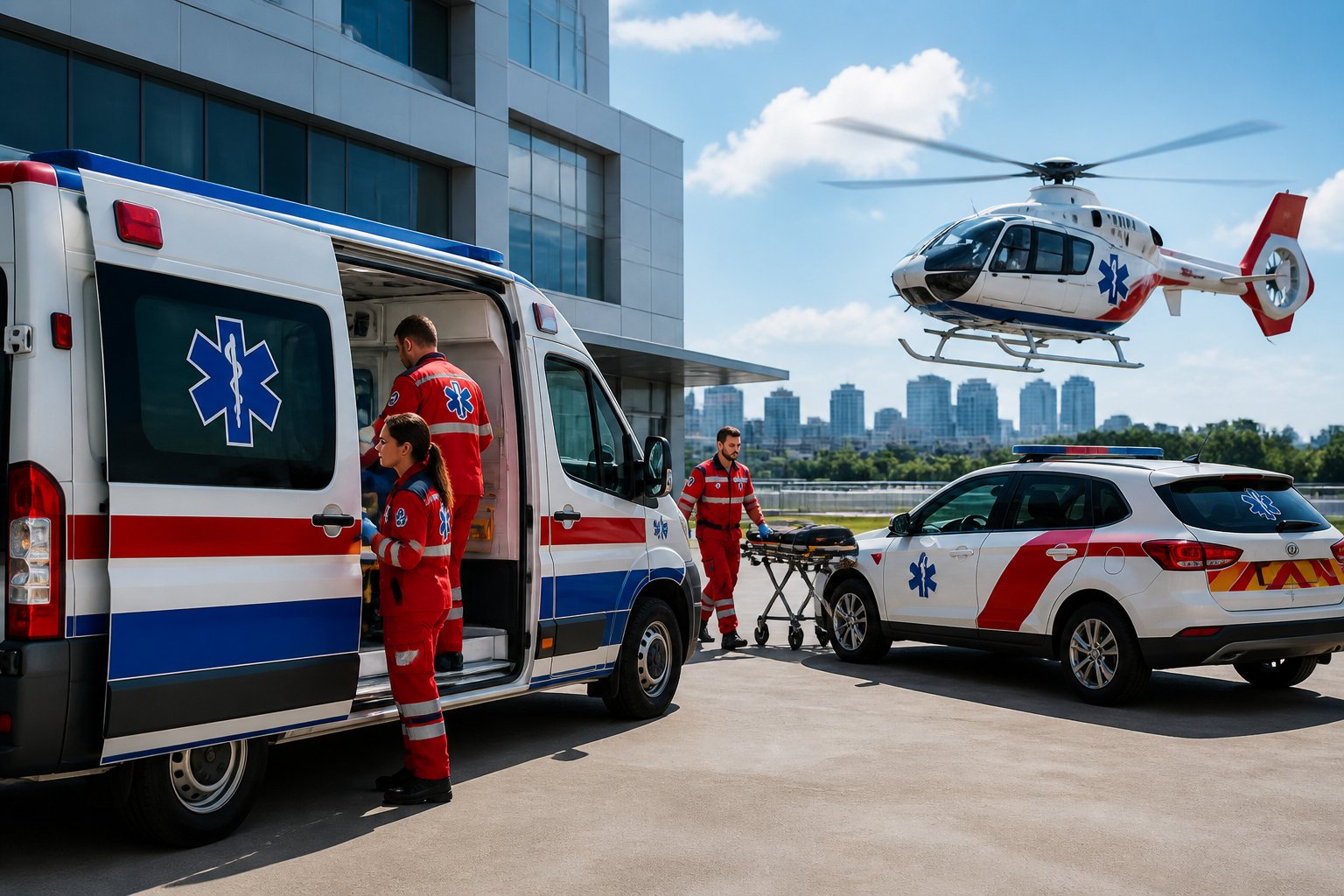 Diversos tipos de veículos de ambulância estacionados fora de um hospital com paramédicos preparando equipamentos.