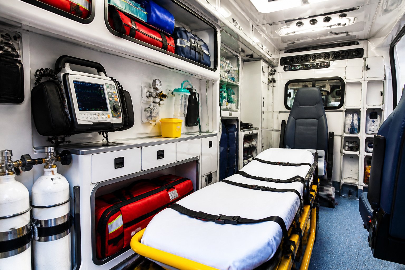 Interior de uma ambulância mostrando equipamentos médicos essenciais organizados, como desfibrilador, cilindros de oxigênio, maca e monitores de sinais vitais.