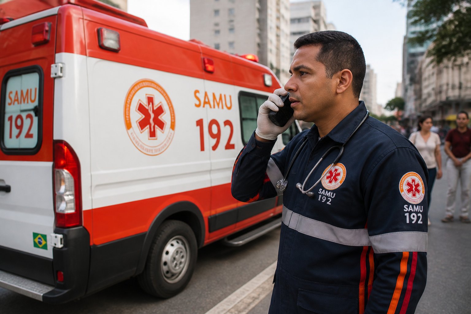 Ambulância do SAMU número 192 estacionada na rua com um paramédico falando ao rádio, em ambiente urbano durante o dia.