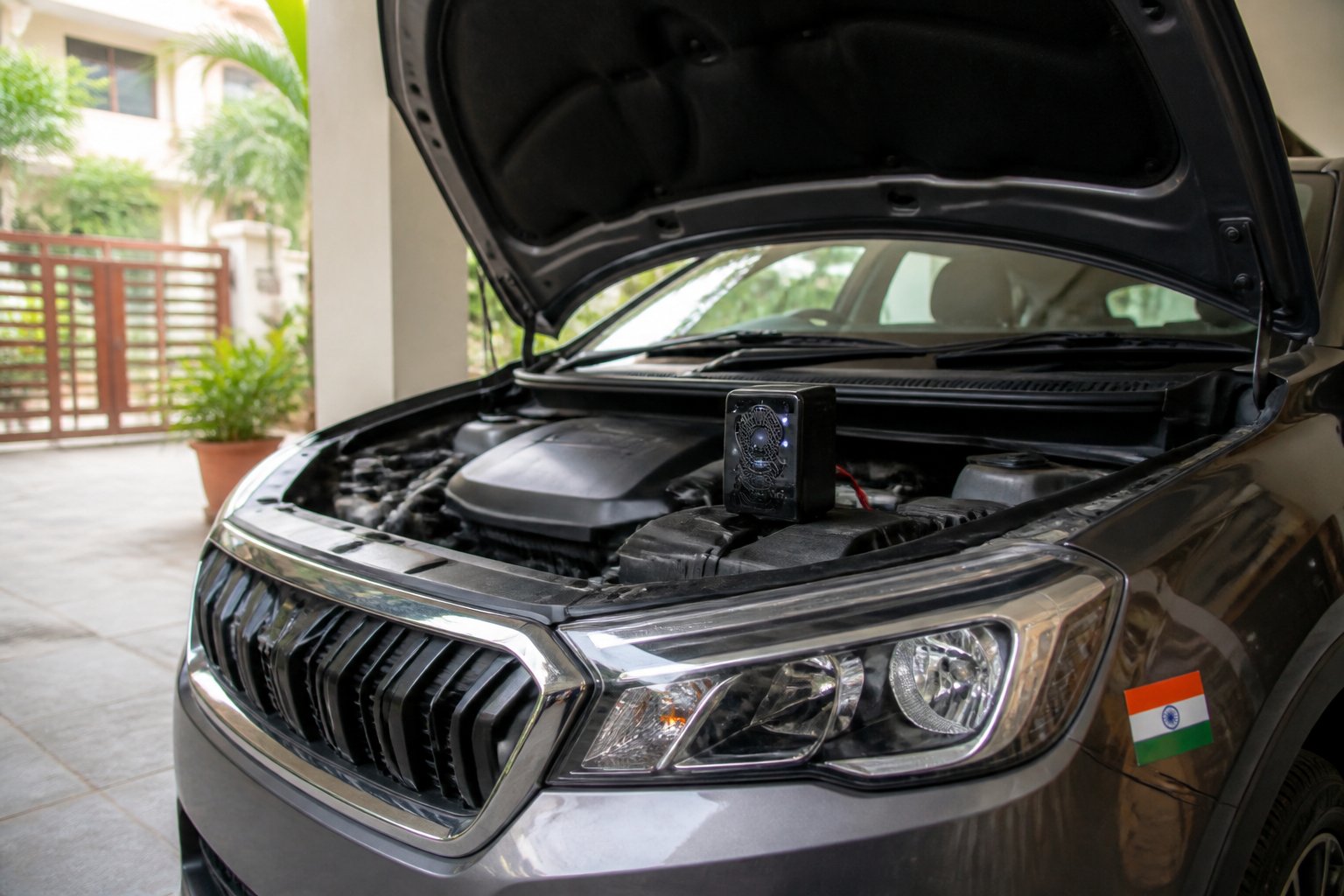 A modern car parked in a clean garage with a rat repellent device placed near the engine area.