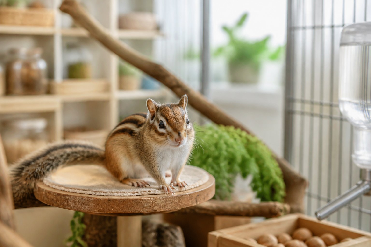 A chipmunk sitting on a wooden platform inside a clean cage with natural elements in a bright indoor room.