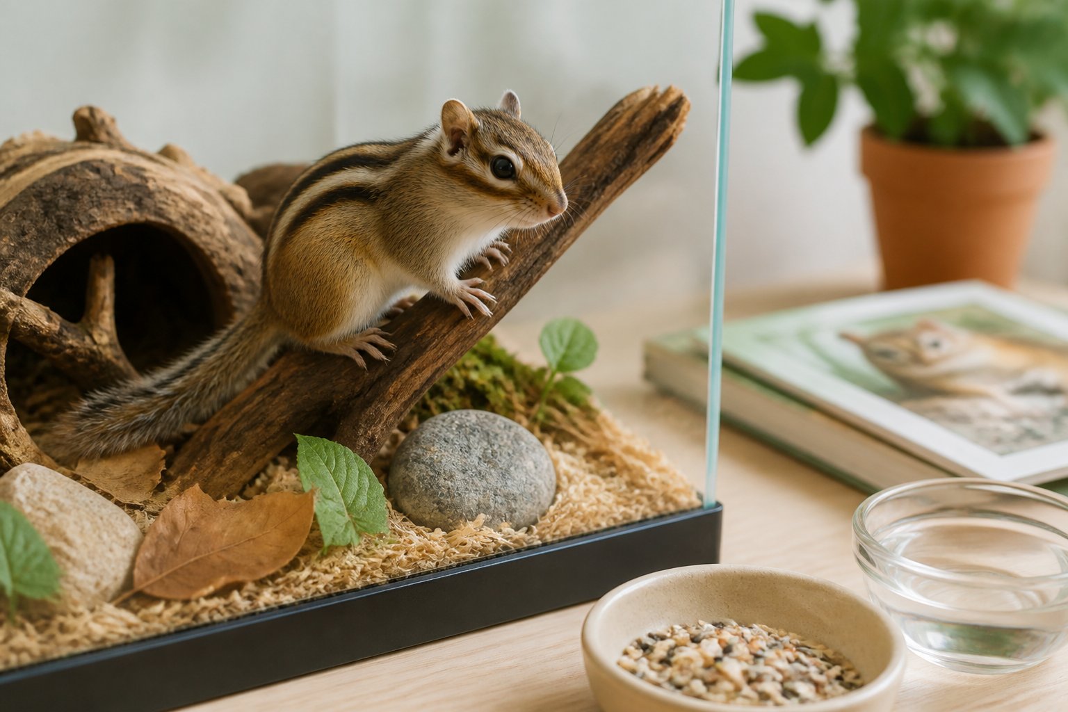 A chipmunk sitting on a branch inside a naturalistic enclosure with pet care items nearby on a table.