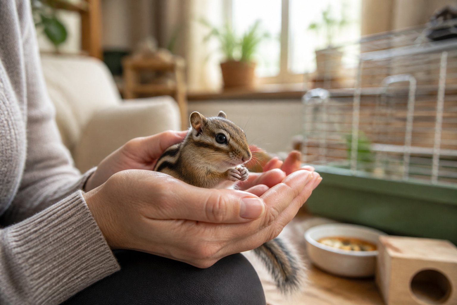 A person gently holding a small chipmunk indoors with a softly lit living room in the background.