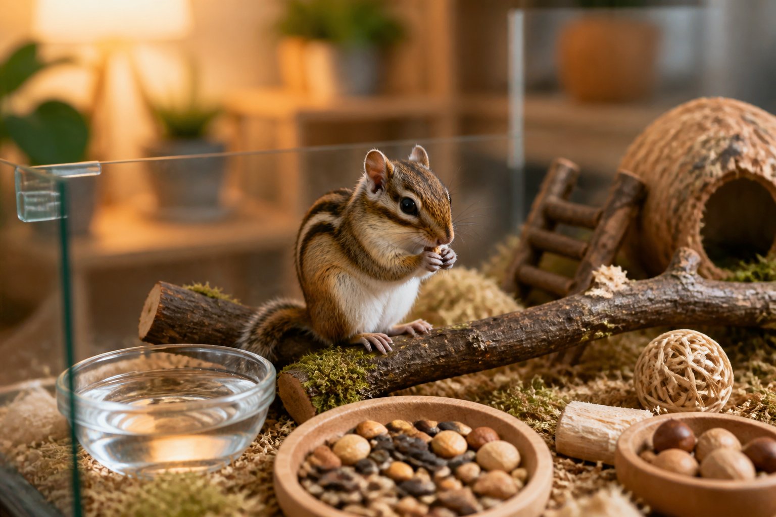 A chipmunk sitting on a wooden branch inside a glass enclosure with food bowls and bedding around it.