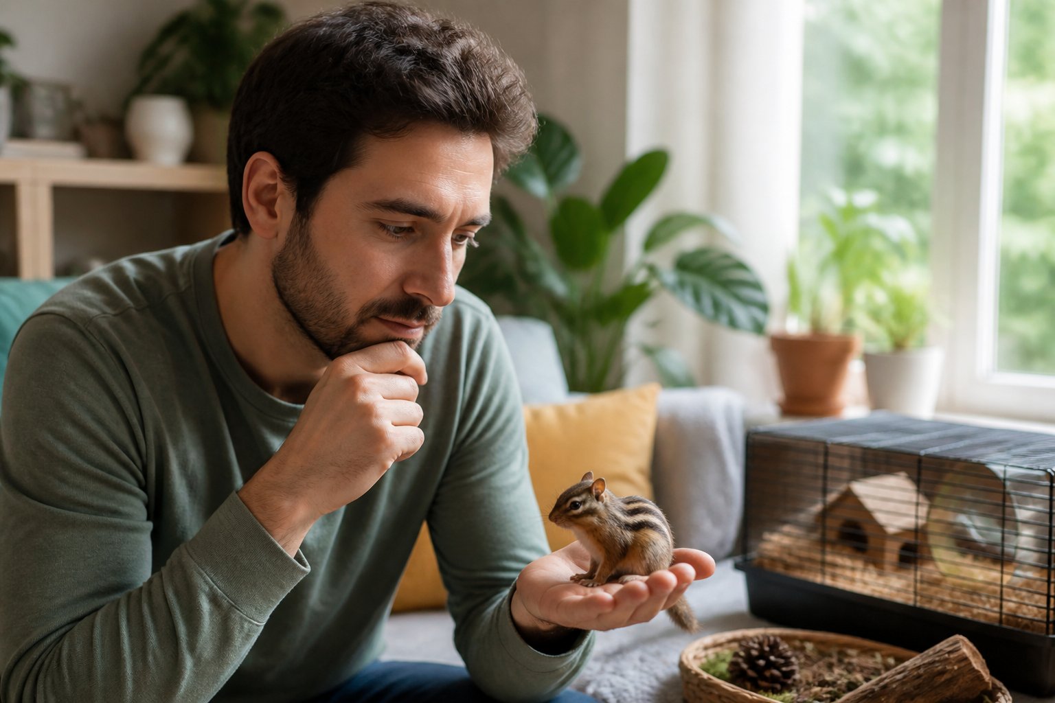A person gently holding a chipmunk indoors, looking thoughtfully at the small animal in a cozy living room.