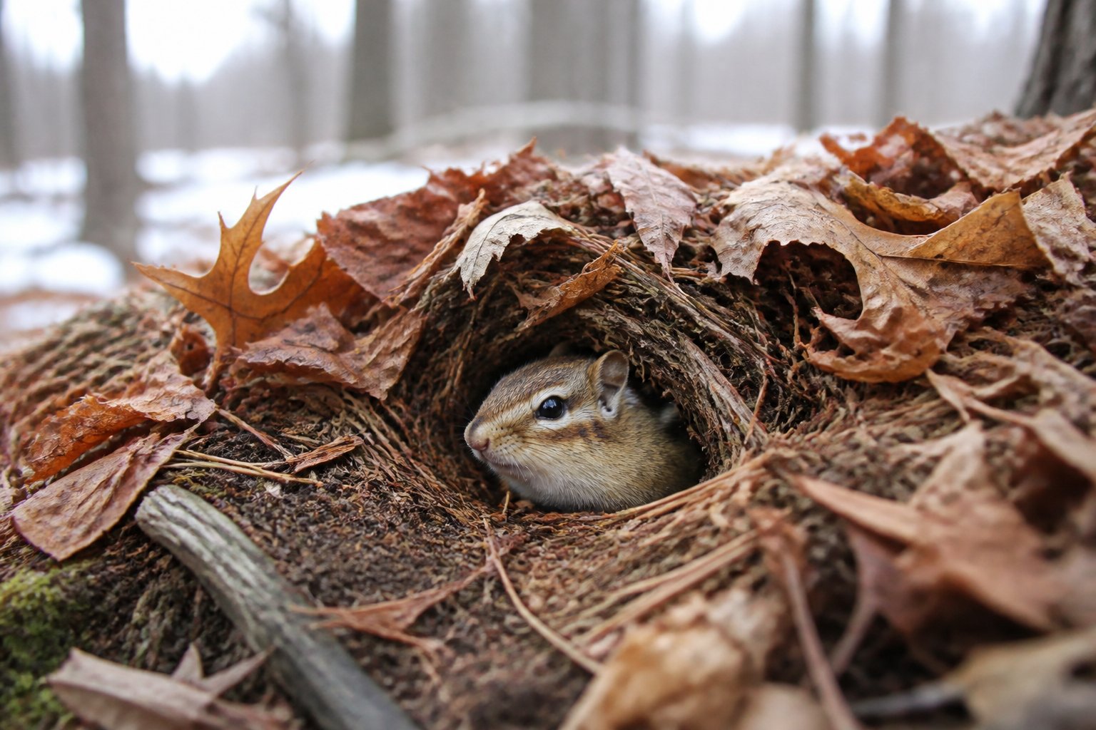 A chipmunk resting inside a burrow surrounded by fallen leaves and forest floor debris in a winter woodland setting.