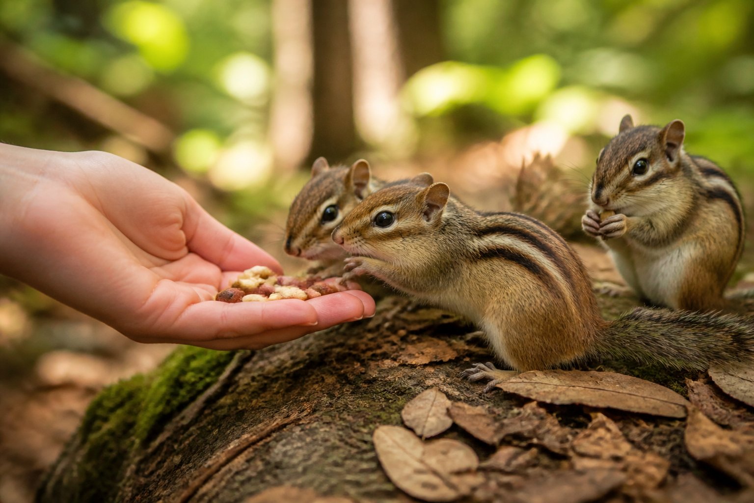A person feeding chipmunks outdoors in a forested area.