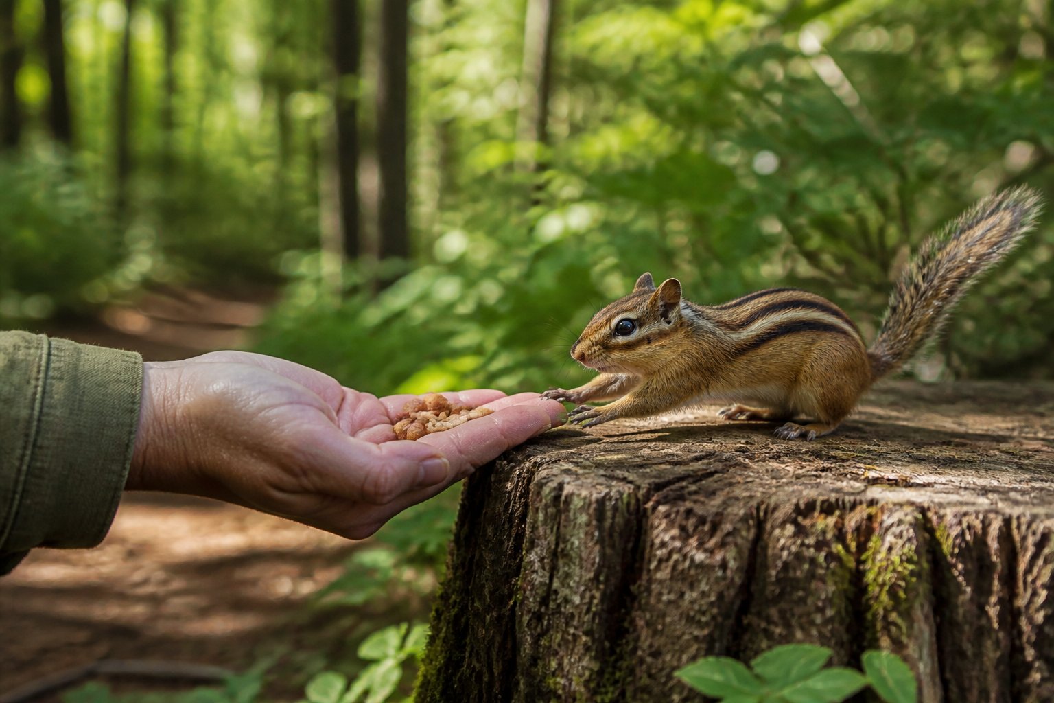 A person offering nuts to a chipmunk sitting on a tree stump in a forest.