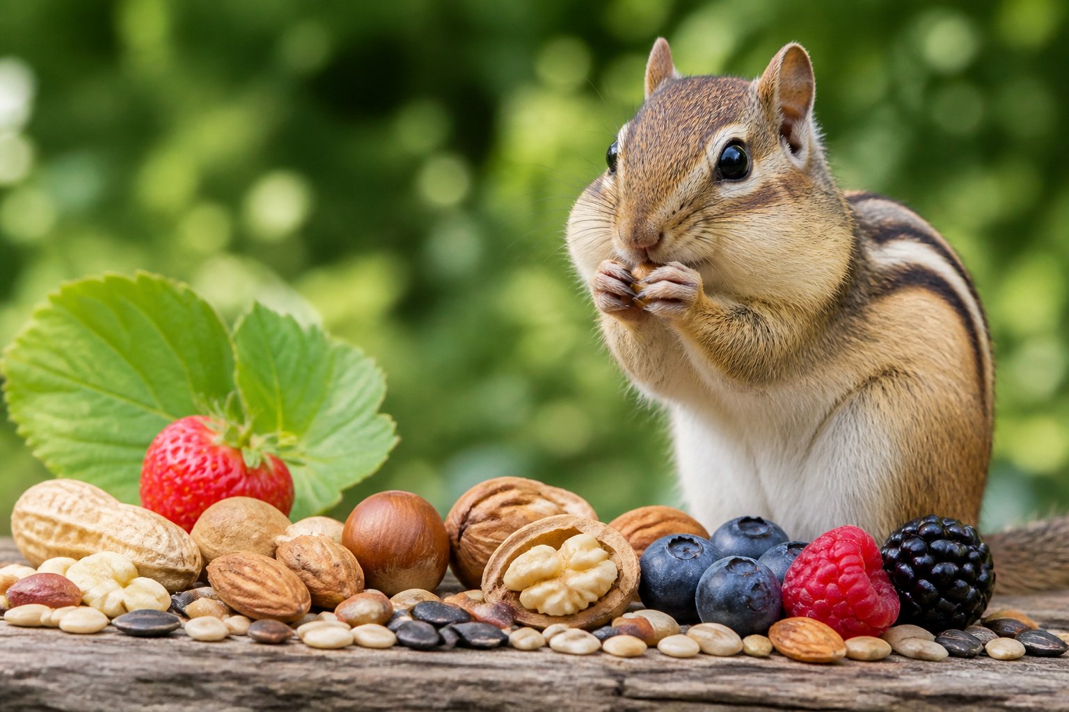 A chipmunk near a variety of nuts, seeds, and berries in a natural outdoor setting.