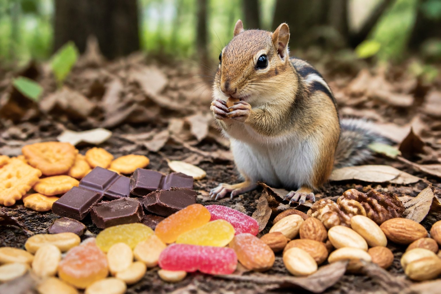 A chipmunk on the forest floor near scattered harmful foods like chocolate and processed snacks.