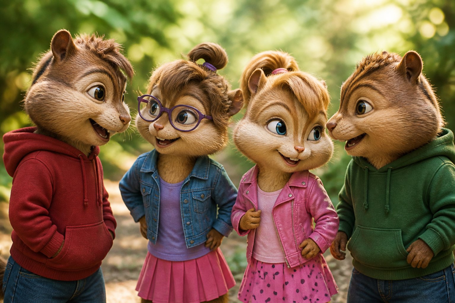 Two chipmunks and two chipettes smiling and talking together outdoors in a green, sunny setting.