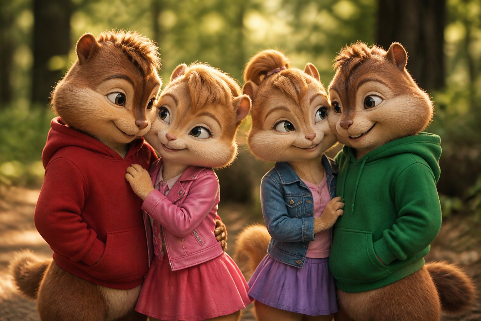 Four anthropomorphic chipmunks and chipettes standing together outdoors, smiling and interacting affectionately in a forest setting.